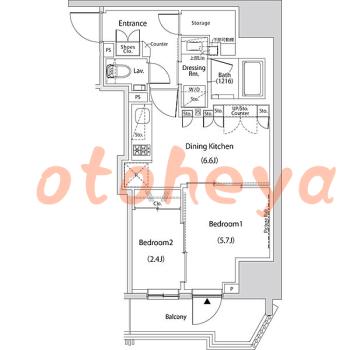 防音室のある楽器可 賃貸物件 2 DK 19.8万円の図面１