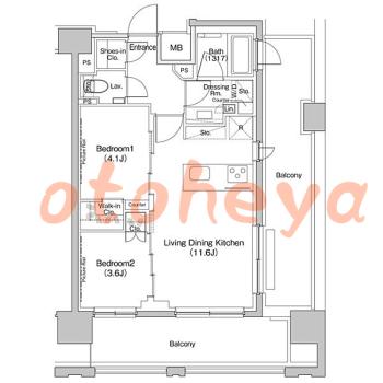 楽器可の賃貸物件 2 LDK 25.5万円の図面１
