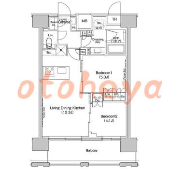 楽器可の賃貸物件 2 LDK 22.3万円の図面１