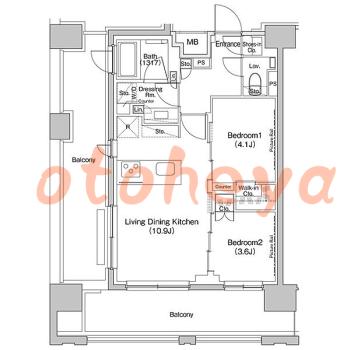 楽器可の賃貸物件 2 LDK 22.9万円の図面１