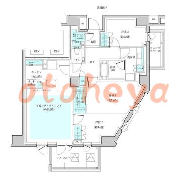 防音室のある楽器可 賃貸物件 3 LDK 43万円の図面１