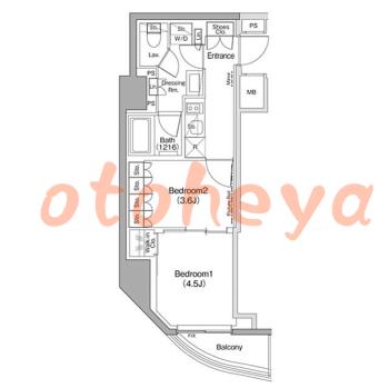 楽器可の賃貸物件 2 K 15.5万円の図面１