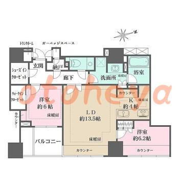 楽器可の賃貸物件 2 LDK 64万円の図面１