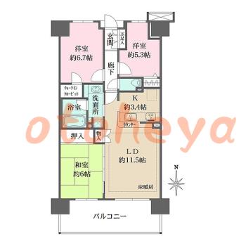 グランドピアノ可の賃貸物件 3 LDK 16.8万円の図面１
