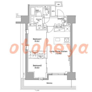 楽器可の賃貸物件 2 LDK 25.3万円の図面１