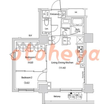 グランドピアノ可の賃貸物件 2 LDK 21.9万円の図面１