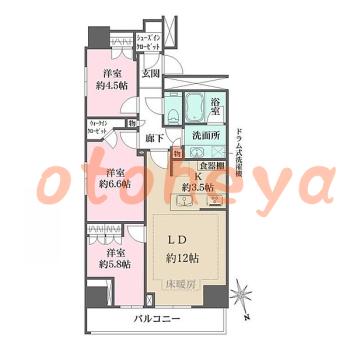 防音室のある楽器可 賃貸物件 3 LDK 35.5万円の図面１
