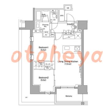 楽器可の賃貸物件 2 LDK 25.1万円の図面１