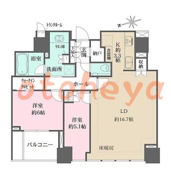 防音室のある楽器可 賃貸物件 2 LDK 52.5万円の図面１