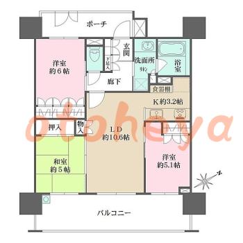 防音室のある楽器可 賃貸物件 3 LDK 16.5万円の図面１