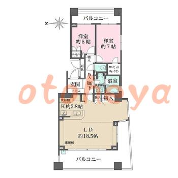 グランドピアノ可の賃貸物件 2 LDK 34.5万円の図面１