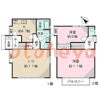 楽器可の賃貸物件 2 LDK 21.5万円の図面１