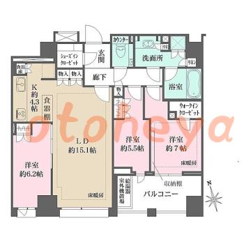 楽器可の賃貸物件 3 LDK 60万円の図面１