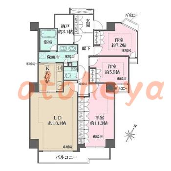 楽器可の賃貸物件 3 LDK 49万円の図面１