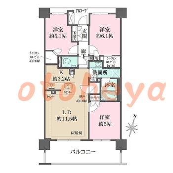 グランドピアノ可の賃貸物件 3 LDK 24.2万円の図面１