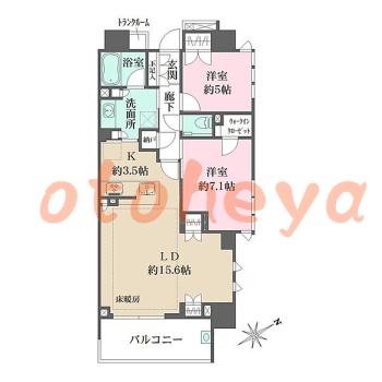 防音室のある楽器可 賃貸物件 2 LDK 39.4万円の図面１