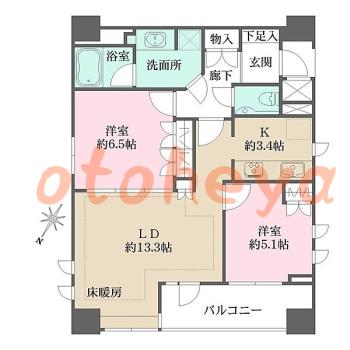 グランドピアノ可の賃貸物件 2 LDK 16.8万円の図面１