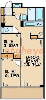 楽器可の賃貸物件 2 LDK 18.9万円の図面１