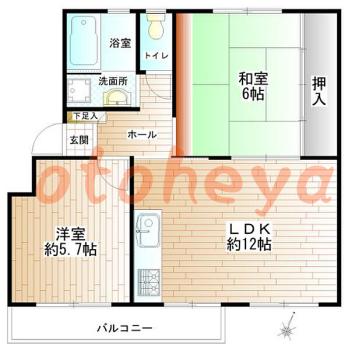 楽器可の賃貸物件 2 LDK 6.8万円の図面１