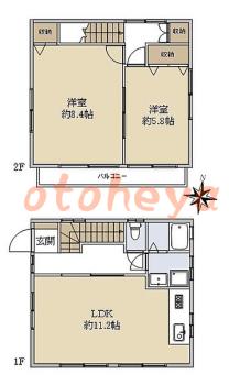 楽器可の賃貸物件 2 LDK 12万円の図面１