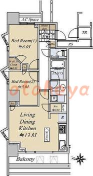 楽器可の賃貸物件 2 LDK 28万円の図面１