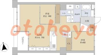 楽器可の賃貸物件 2 LDK 18万円の図面１