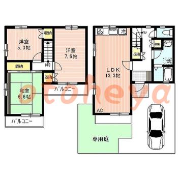 楽器可の賃貸物件 3 LDK 13.8万円の図面１