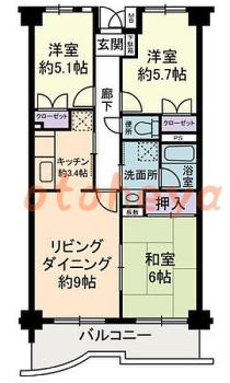 グランドピアノ可の賃貸物件 3 LDK 10万円の図面１
