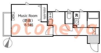 楽器可の賃貸物件 1 K 13.7万円の図面１
