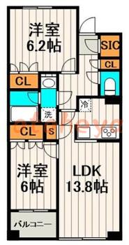 楽器可の賃貸物件 2 LDK 25.9万円の図面１