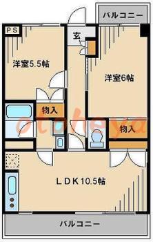 楽器可の賃貸物件 2 LDK 9万円の図面１