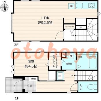 楽器可の賃貸物件 1 LDK 14.9万円の図面１