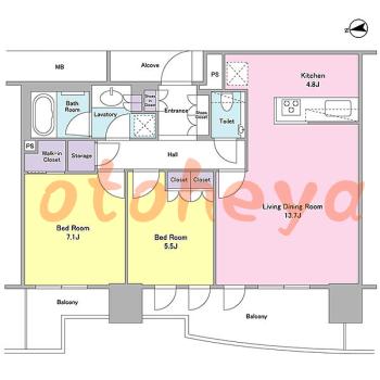 楽器可の賃貸物件 2 LDK 30.5万円の図面１
