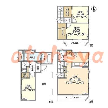 楽器可の賃貸物件 3 LDK 24.6万円の図面１