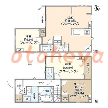 グランドピアノ可の賃貸物件 2SLDK 34.5万円の図面１