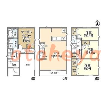 楽器可の賃貸物件 3 SLDK 27万円の図面１