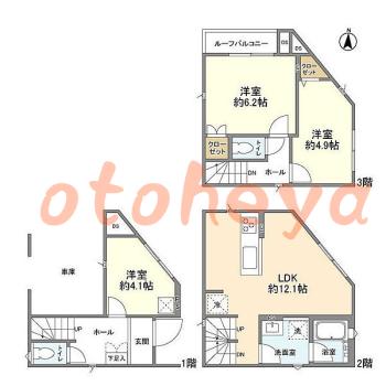 防音室のある楽器可 賃貸物件 3 LDK 20.5万円の図面１
