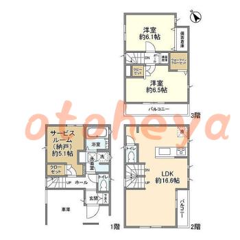 防音室のある楽器可 賃貸物件 2 SLDK 19.9万円の図面１