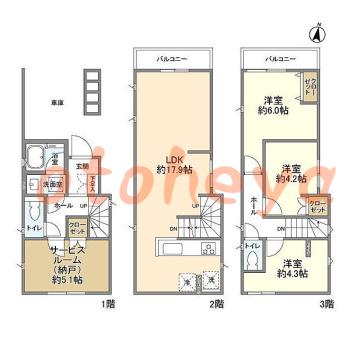 防音室のある楽器可 賃貸物件 3 SLDK 33.1万円の図面１