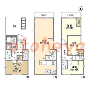 防音室のある楽器可 賃貸物件 3SLDK 35.1万円の図面１