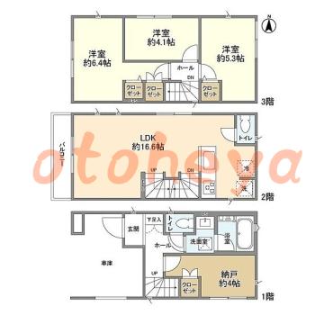 グランドピアノ可の賃貸物件 3SLDK 22.1万円の図面１