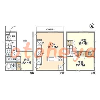 グランドピアノ可の賃貸物件 3 LDK 25.8万円の図面１