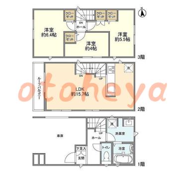 防音室のある楽器可 賃貸物件 3 LDK 20.9万円の図面１