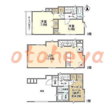 グランドピアノ可の賃貸物件 2 SLDK 20万円の図面１