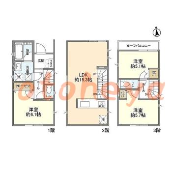 グランドピアノ可の賃貸物件 3 LDK 21.4万円の図面１