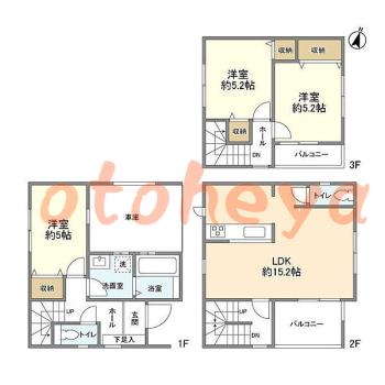 グランドピアノ可の賃貸物件 3 LDK 21.4万円の図面１