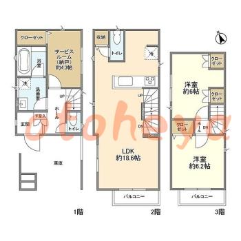 グランドピアノ可の賃貸物件 2 SLDK 25.8万円の図面１