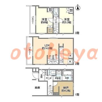 防音室のある楽器可 賃貸物件 2 SLDK 25.3万円の図面１
