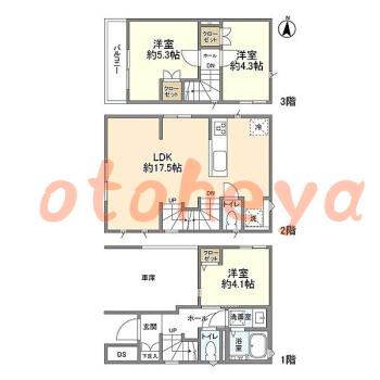 楽器可の賃貸物件 3 LDK 26.5万円の図面１