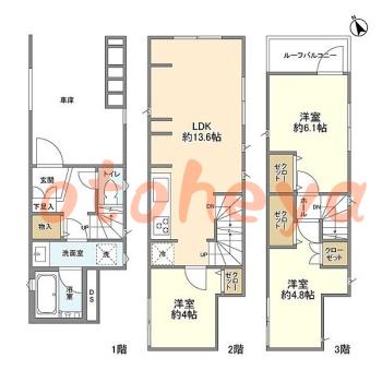 防音室のある楽器可 賃貸物件 3 LDK 23.9万円の図面１